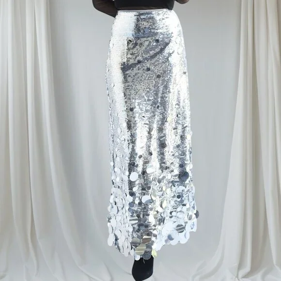 Women Midi Skirt Full Sequin Silver Size 2XL Tall Lined Decorated Mid Rise - Picture 4 of 14
